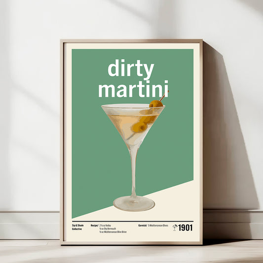Minimal Dirty Martini Art Print — Modern Cocktail Recipe Poster | Bar & Kitchen Wall Art | 11x17, 12x18, 16x24, 20x30, 24x36